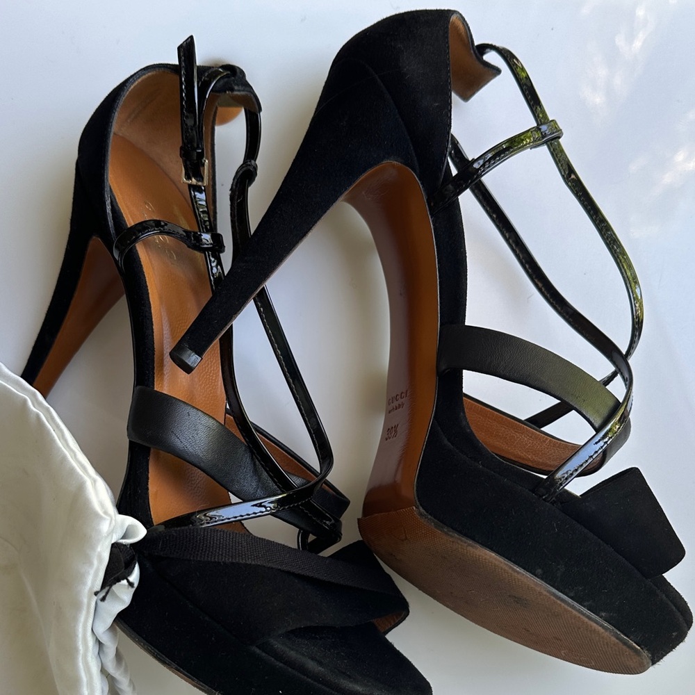 Gucci Black Suede Strappy High Heel Sandals with Patent Trim - Picture 9 of 9